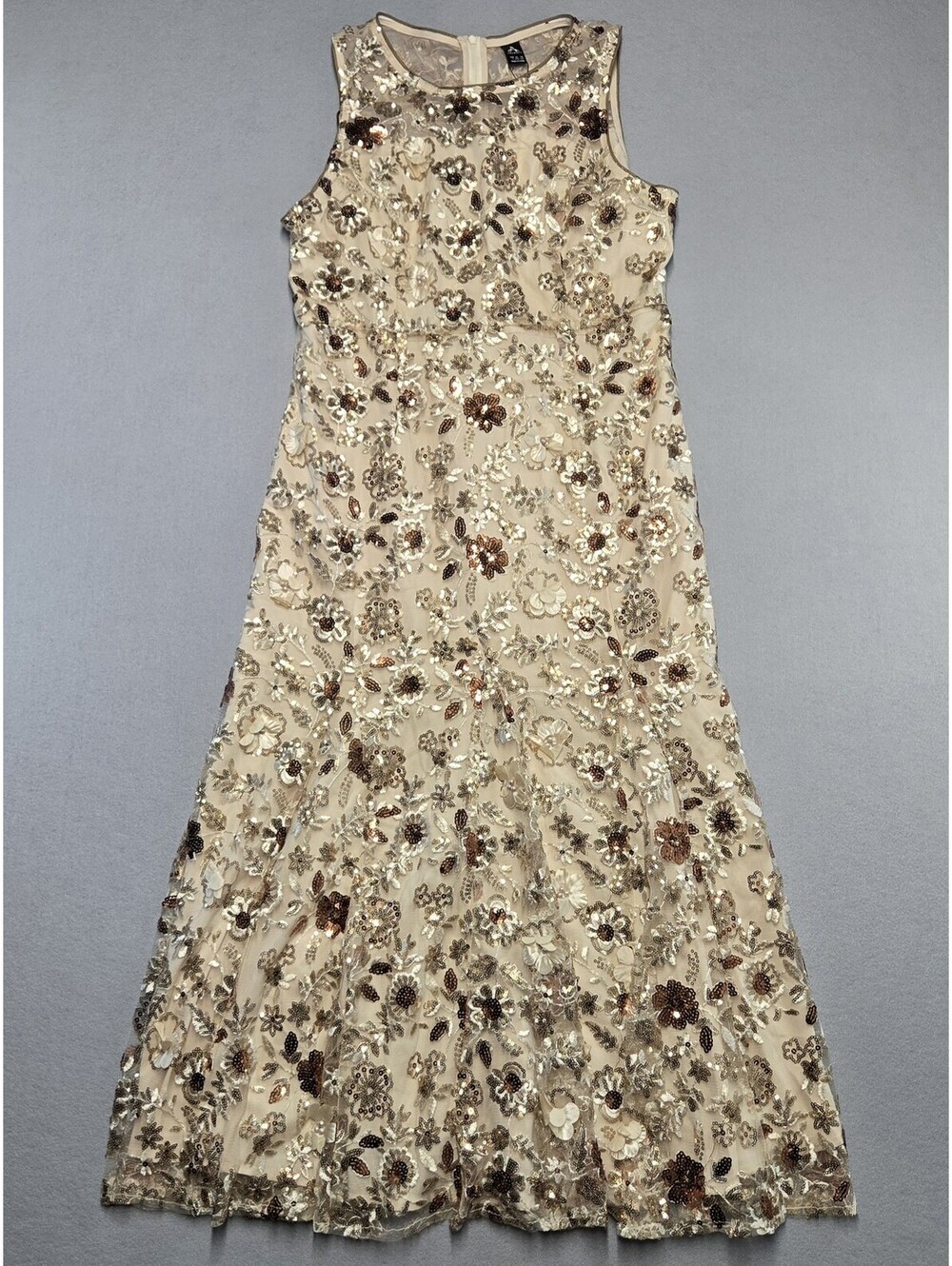 ANEWSTA Floral Sequin Evening Dress Womens L Cream Bronze Polyester Knit NWT